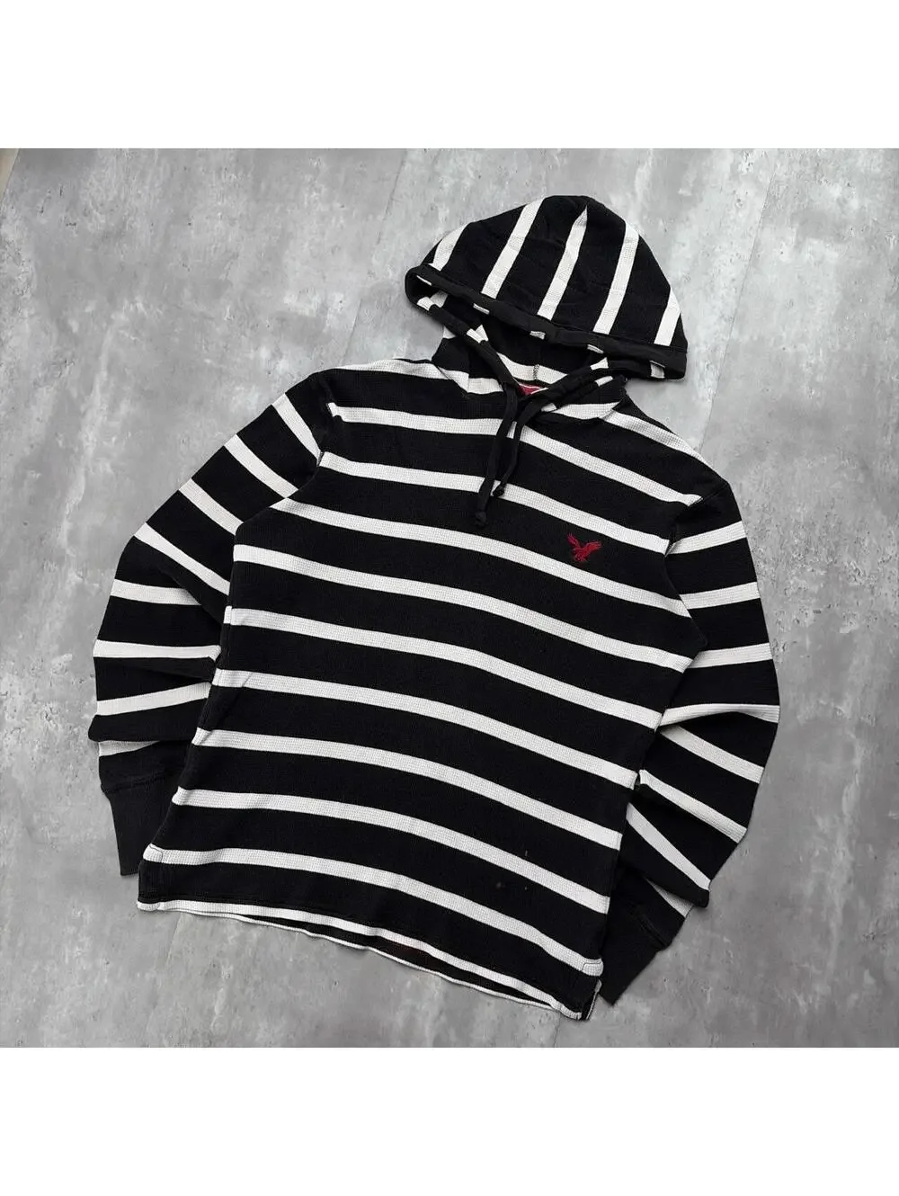 Y2K American Eagle Grunge Striped Distressed Thermal Hoodie